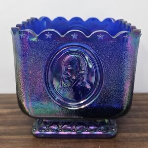 Fenton Cobalt Blue Carnival Glass Square Candy Dish Presidential Bicentennial